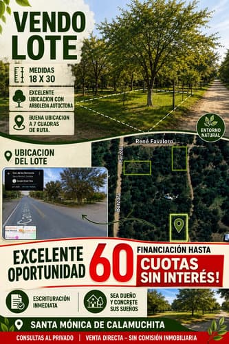 Vendo lote santa monica de calamuchita financiacion sin interes