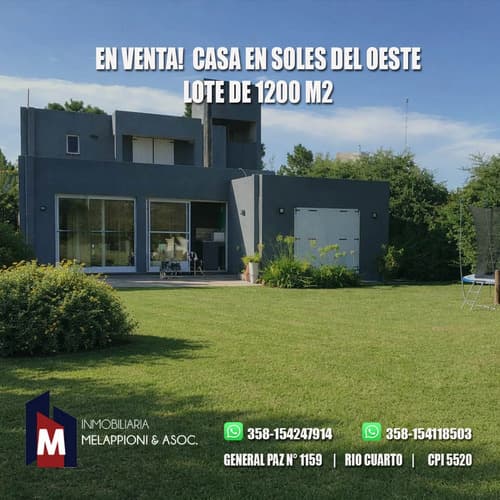 En venta casa de 400 m2 y 1200 m2 de terreno soles del oeste rio cuarto