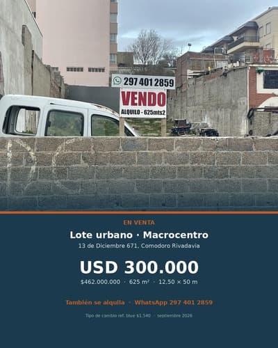 Lote urbano en venta macrocentro comodoro rivadavia chubut calle 13 de diciembre 671 625 m2 frente 1250 m fondo 50 m servicios en calzada luz agua cloacas y gas natural calzada asfaltada